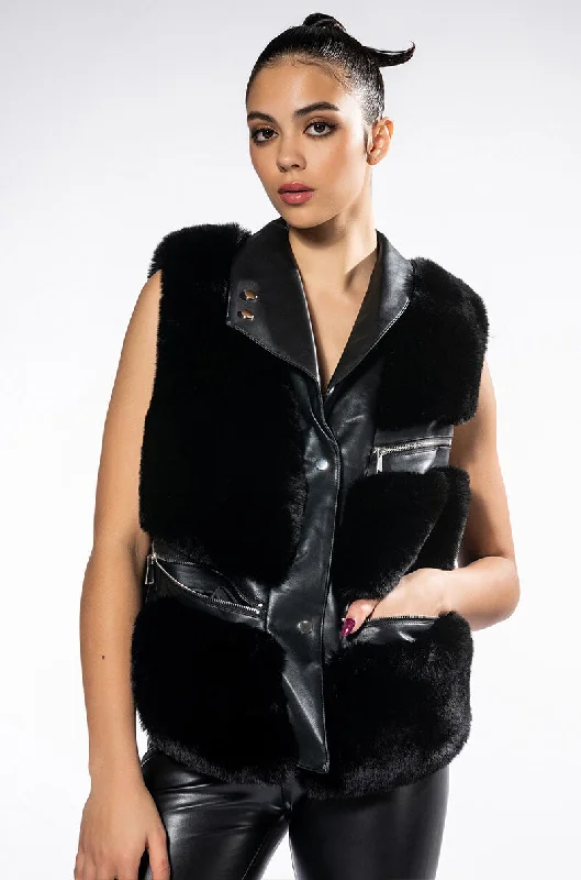 Denim Dress for Everyday Wear -OVERSIZE MOTO VEST WITH FAUX FUR