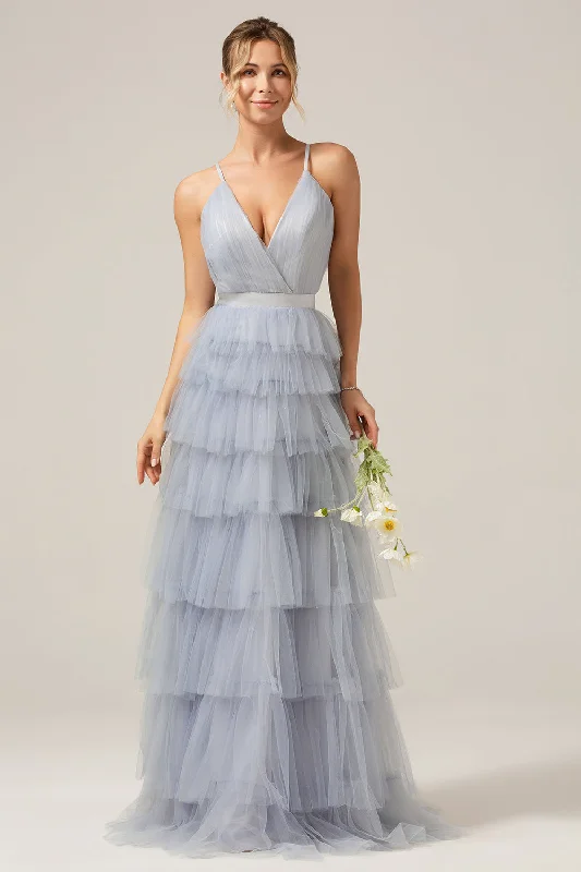 Blue Party Dress for Classic Look -Grey Blue A Line Tiered Tulle Prom Dress