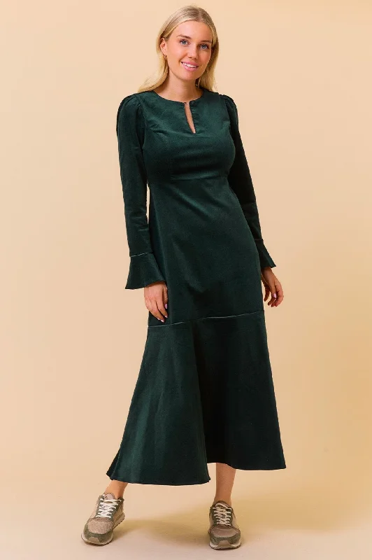 Resort Dresses for Vacation -Paloma Round Neck Long Sleeve Stretch Corduroy Dress | Bottle Green