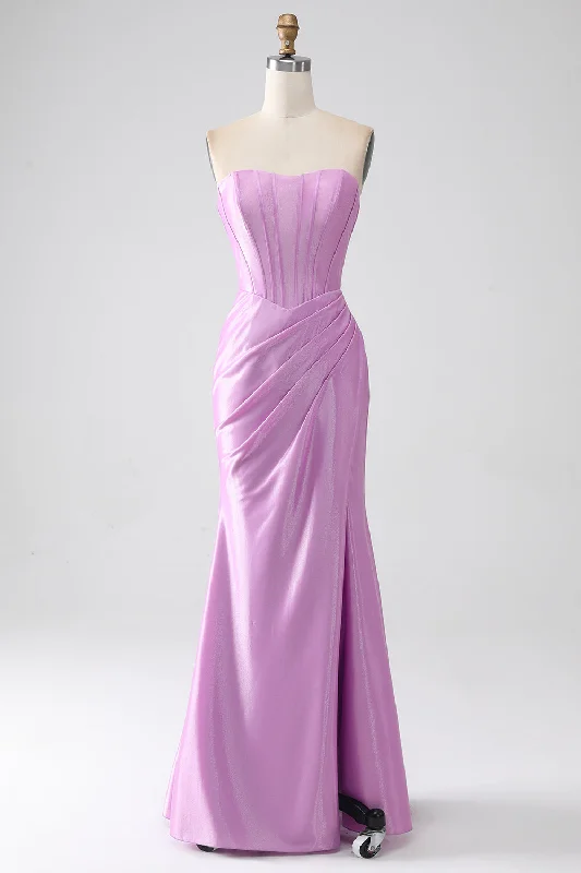 Party Dress for Vintage Party -Strapless Purple Mermaid Corset Prom Dress with Pleated