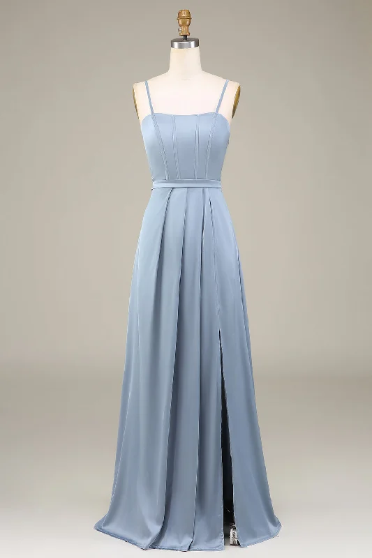 Abstract Dresses for Creative -Dusty Blue A-Line Spaghetti Straps Satin Long Bridesmaid Dress