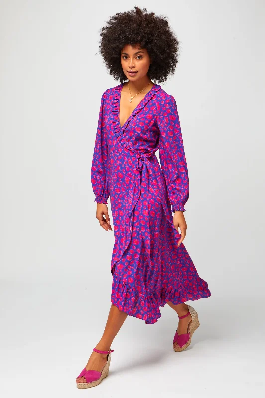 African Dresses with Culture -Demi Long Sleeve Wrap Dress | Cheetah Blue/Pink