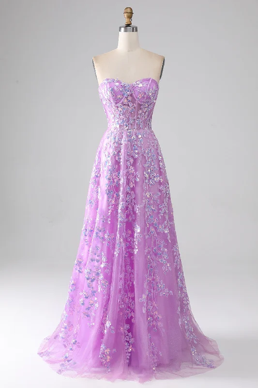 Party Dress with Belt for Stylish Look -Purple A-Line Strapless Corset Prom Dress with Appliques