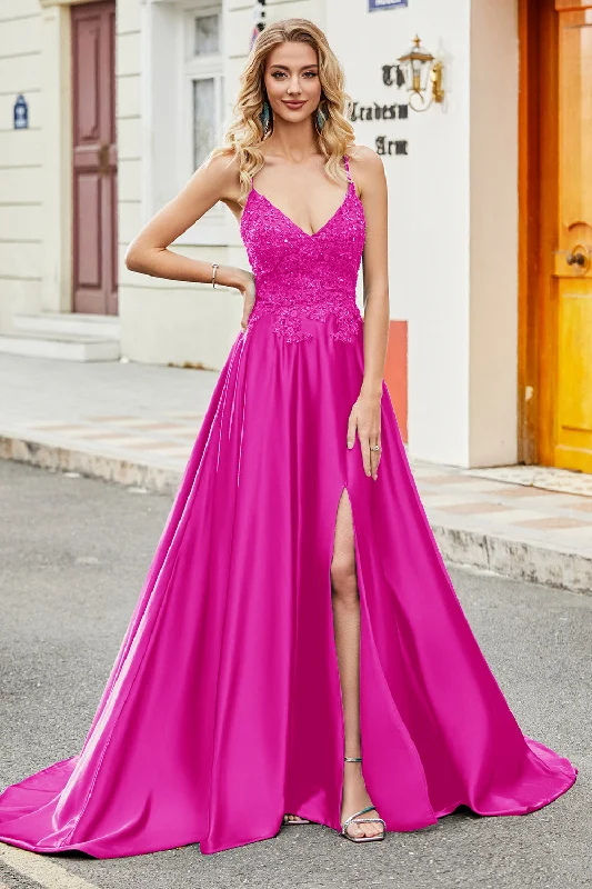 Party Dress for Nightclub Party -Fuchsia A Line Spaghetti Straps Long Prom Dress with Appliques