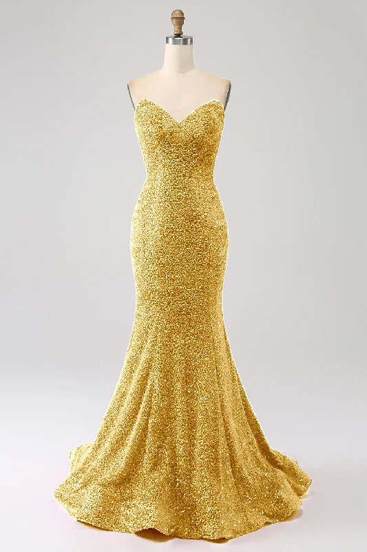 Long Sleeve Party Dress for Coverage -Golden Mermaid Sweetheart Sweep Train Prom Dress With Sequins