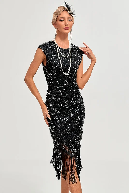 Office Dresses for Business -Sparkly Black Beaded Fringed 1920s Gatsby Dress