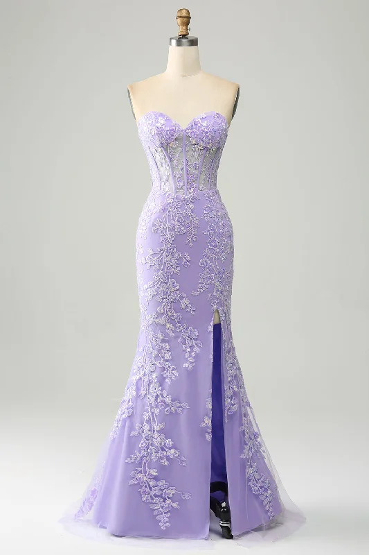 Party Dress for New Year's Eve -Lilac Mermaid Sweetheart Corset Appliques Prom Dress With Side Slit