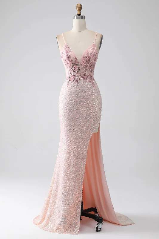 Geometric Party Dress for Modern Look -Glitter Pink Beaded Mermaid Prom Dress with Slit