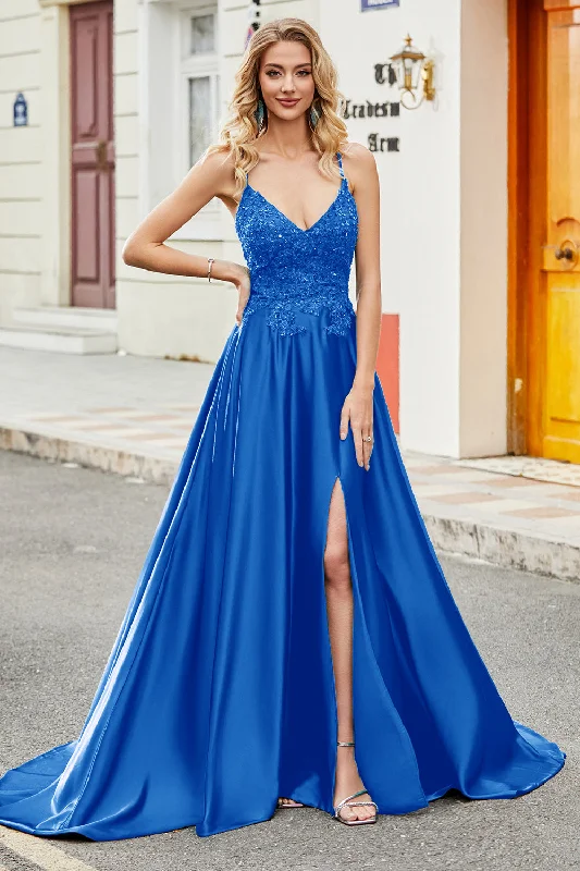 Party Dress for Fashion Party -Royal Blue A Line Spaghetti Straps Long Backless Prom Dress with Appliques