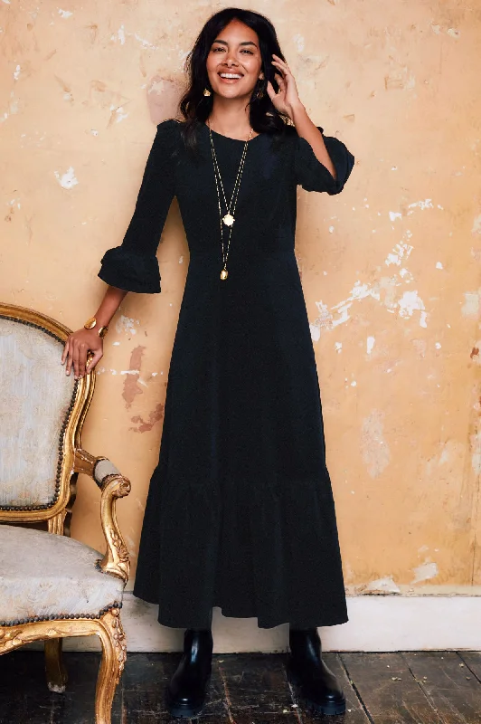 Tiered Dresses for Voluminous -Victoria Round Neck 3/4 Sleeve Stretch Corduroy Dress | Black