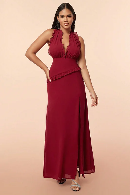 Party Dress with Buttons for Classic -Burgundy Halter Ruffles Prom Dress with Slit