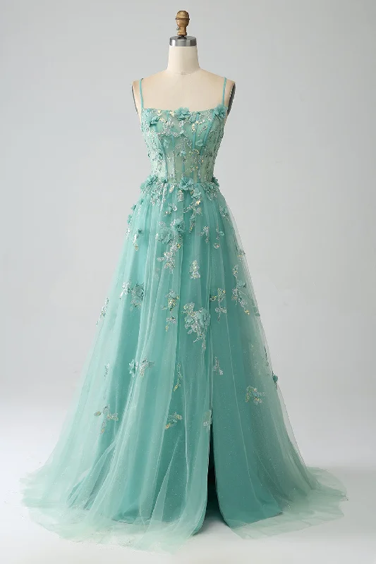 Satin Party Dress for Smooth Texture -Green A-Line Spaghetti Straps Long Corset Prom Dress with Appliques