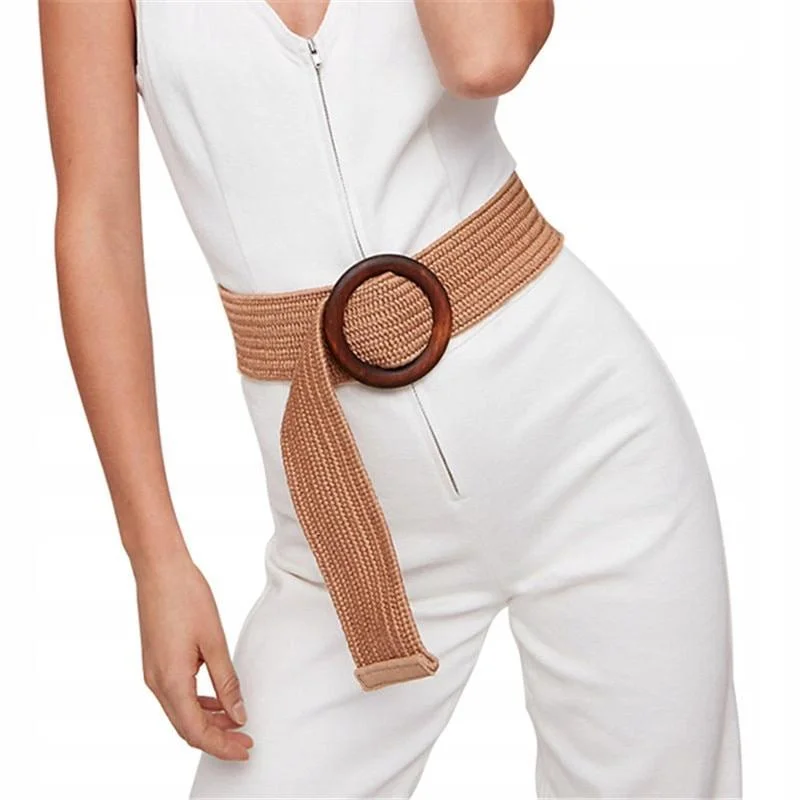 Low-waisted Dresses for Relaxed -Women's Casual Wide Strap Round Wooden Buckle Braided Dress Belts