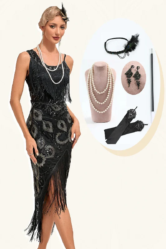 Denim Dresses for Casual Style -Glitter Black Fringed Sequins 1920s Gatsby Dress with 20s Accessories