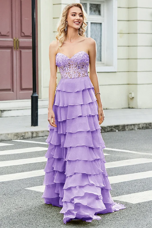 Blue Party Dress for Classic Look -Gorgeous A Line Sweetheart Corset Lilac Prom Dress with Appliques Ruffles