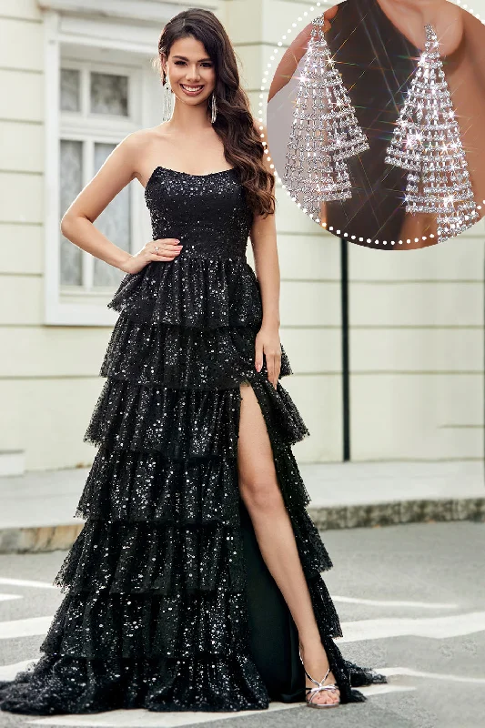 Party Dress for Retro Party -Black Strapless A-Line Long Tiered Prom Dress with Accessory