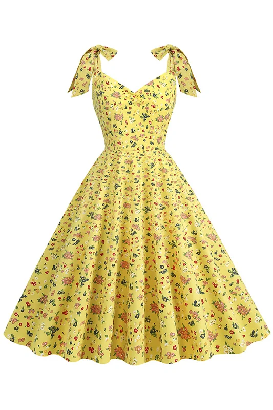 Contemporary Dresses for Fashion -Yellow Printed Sleeveless Straps Vintage Dress