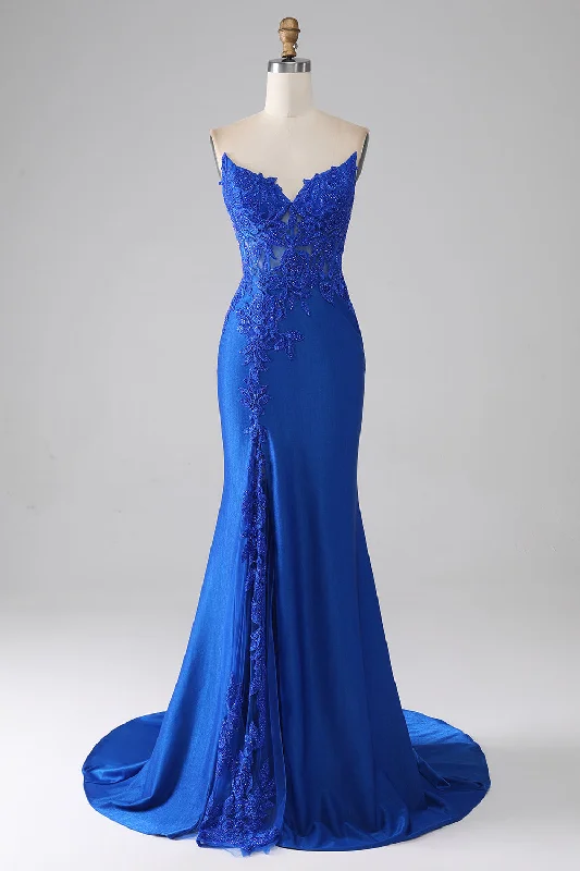 Party Dress for Themed Party -Royal Blue Mermaid Strapless Long Beaded Prom Dress With Appliques