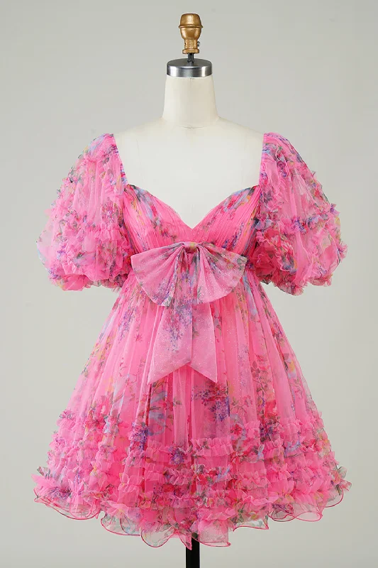 Low-waisted Dresses for Relaxed -Hot Pink Off The shoulder Printed Cute Floral Homecoming Dress with Bow