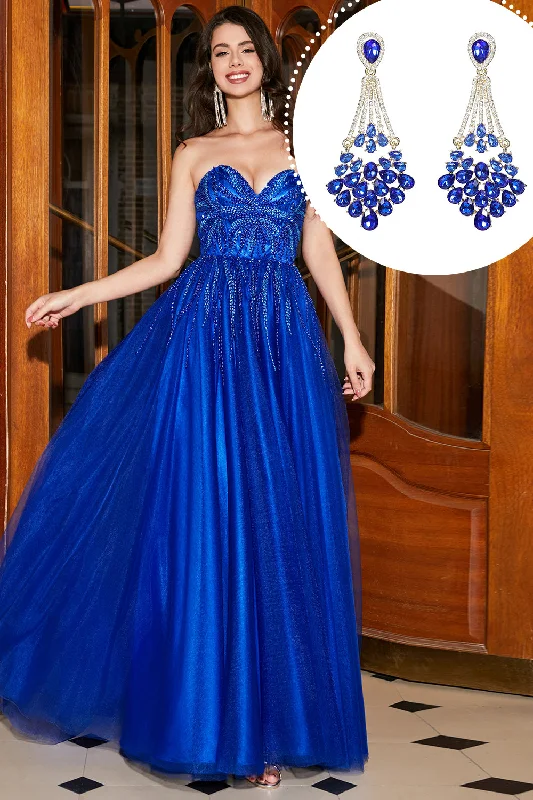 Pleated Party Dress for Structured Look -Royal Blue A-Line Sweetheart Long Beaded Prom Dress with Accessory