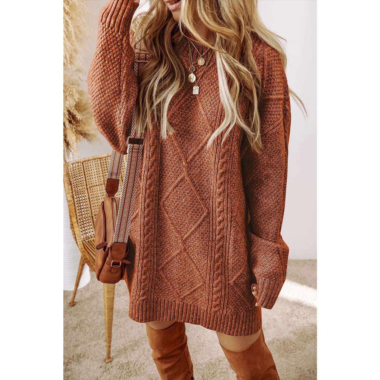 Tie-up Dresses for Decorative -Women's Cable Knit Drop Shoulder Sweater Dress in Copper