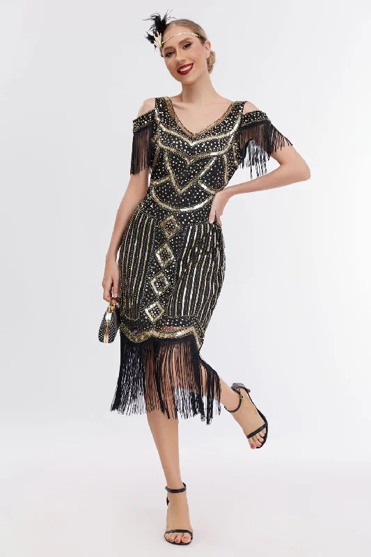 Blue Dresses for Classic -Black Golden Cold Shoulder Fringes 1920s Gatsby Dress