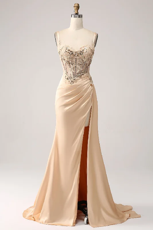 Split Hem Party Dress for Stylish Look -Elegant Champagne Mermaid Pleated Satin Prom Dress With Appliques