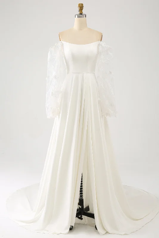 Punk Dresses with Spikes -Ivory A Line Long Chiffon Wedding Dress With 3D Butterflies Long Sleeves