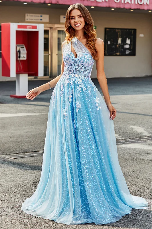 Satin Bodice Party Dress for Smooth -Light Blue A Line One Shoulder Long Tulle Prom Dress With Appliques