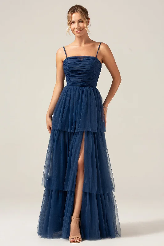 Silk Party Dress for Soft Touch -A Line Spaghetti Straps Tiered Navy Tulle Pleated Prom Dress with Slit