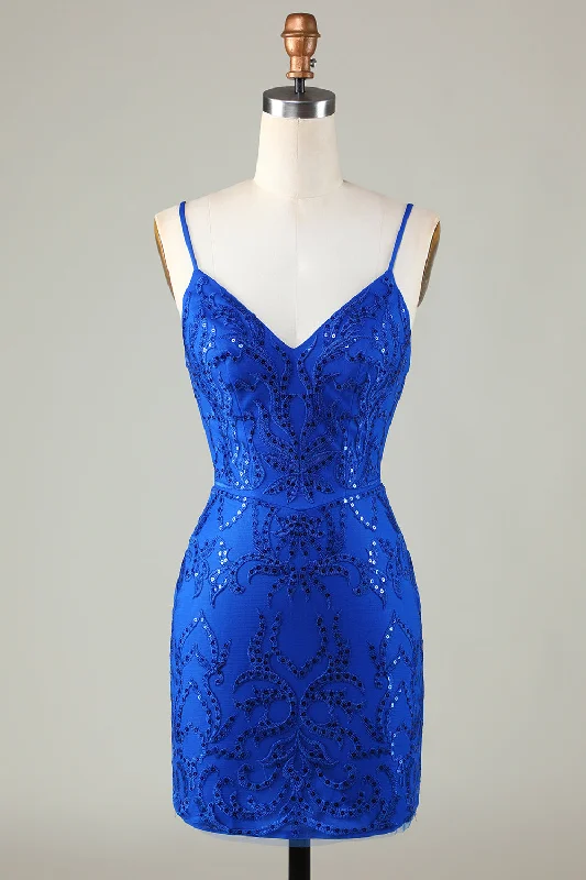 Wool Dresses for Warmth -Sparkly Royal Blue Sequins Spaghetti Straps Tight Short Homecoming Dress