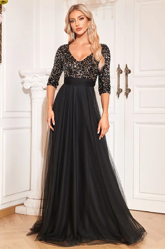 Party Dress with Pockets for Practical -Black A-Line V Neck Short Sleeves Sequins Prom Dress