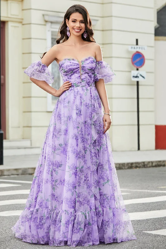 Striped Bodice Party Dress for Fashion -Lavender Printed A line Prom Dress with Removable Sleeves