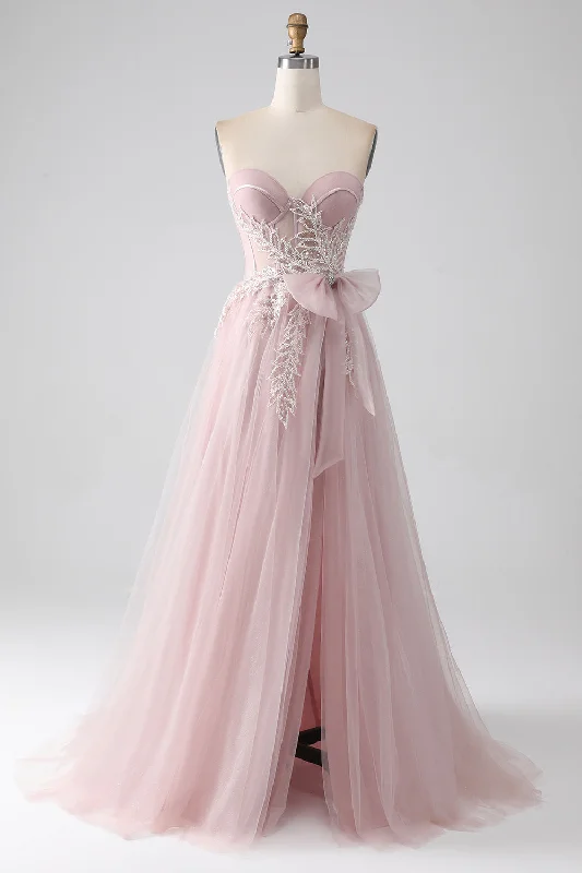 Halter Neck Party Dress for Chic Style -Sparkly A Line Strapless Tulle Prom Dress with Bow