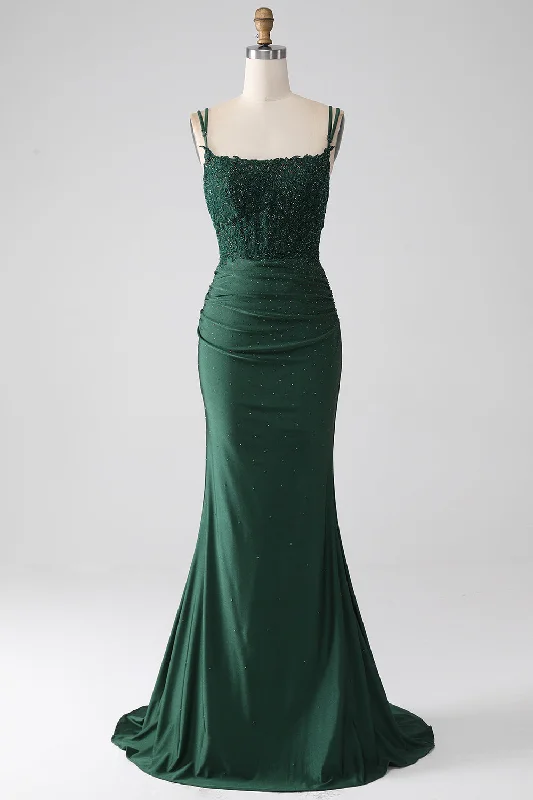 Ball Gown Party Dress for Grand Look -Dark Green Mermaid Spaghetti Straps Long Corset Prom Dress