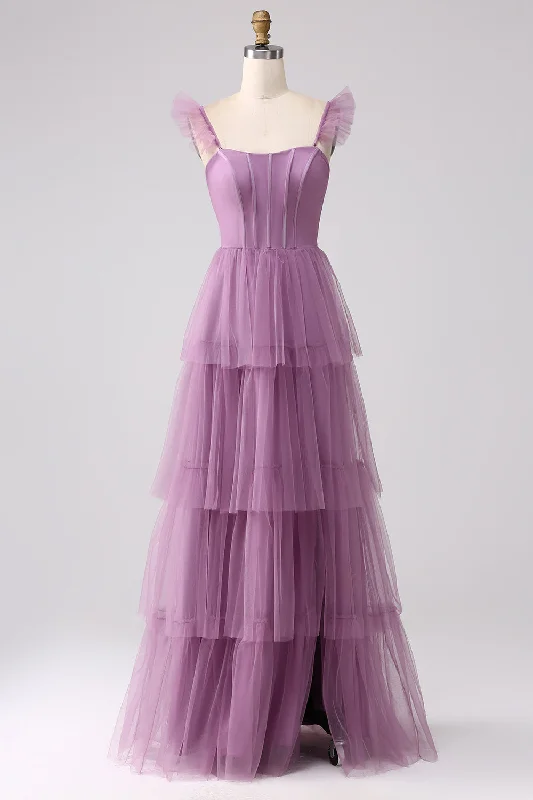 Party Dress for Engagement Party -Purple A Line Tulle Tiered Pleated Long Prom Dress with Slit