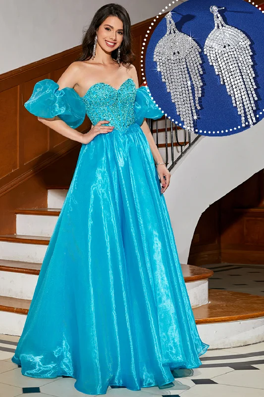 Wrap Party Dress for Adjustable Fit -Blue A-Line Off The Shoulder Corset Beaded Prom Dress with Accessory