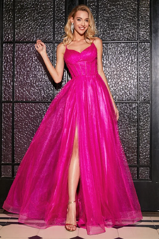 Party Dress for Engagement Party -Hot Pink A-Line Spaghetti Straps Long Corset Prom Dress with Slit