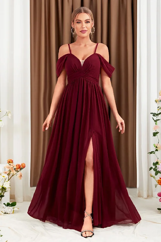 Wedding Dresses for Bridal Look -A-Line Cold Shoulder Burgundy Formal Dress with Slit