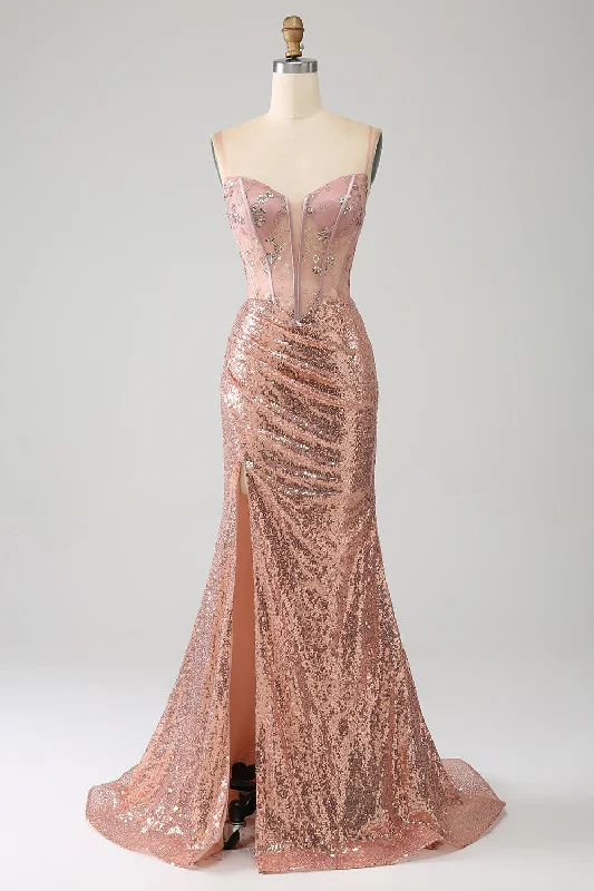 Party Dress for Beach Party -Rose Gold Mermaid Beaded Ruched Sequin Corset Prom Dress With Side Slit