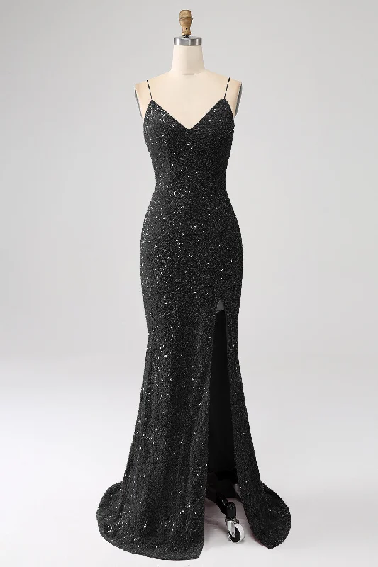 One Shoulder Party Dress for Asymmetric -Black Mermaid Spaghetti Straps V-Neck Sequin Long Prom Dress With Split