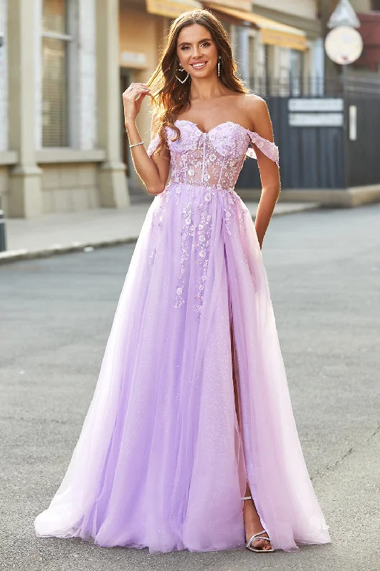 Split Front Party Dress for Dramatic -Off The Shoulder Light Purple A-Line Beaded Corset Prom Dress