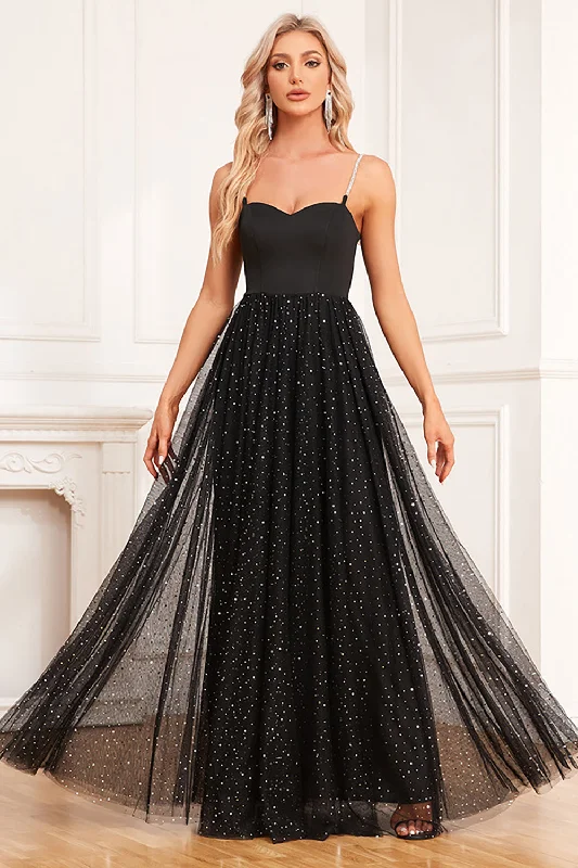 Gold Party Dress for Glamorous Look -Black A-Line Spaghetti Straps Long Prom Dress