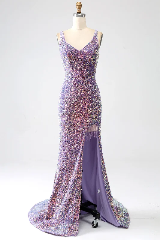 Shift Dresses for Simple Look -Sparkly Mermaid Light Purple Sequins Evening Dress with Slit