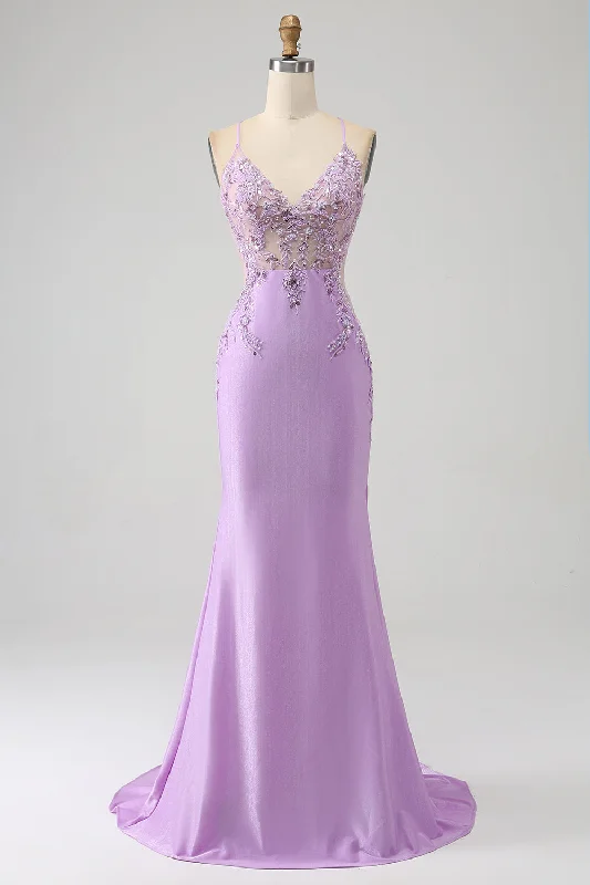 Party Dress for House Party -Trendy Mermaid Spaghetti Straps Lilac Long Prom Dress with Appliques Beading