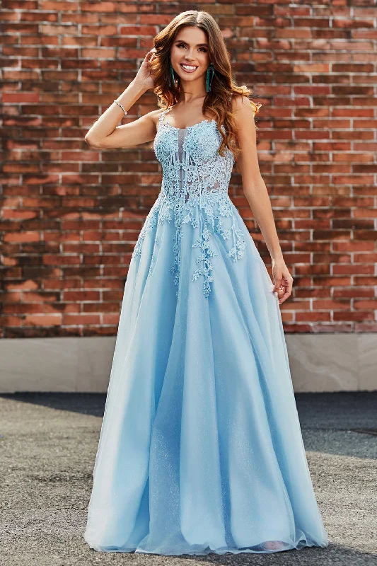 Party Dress for Engagement Party -Gorgeous A Line Spaghetti Straps Light Blue Corset Prom Dress with Appliques