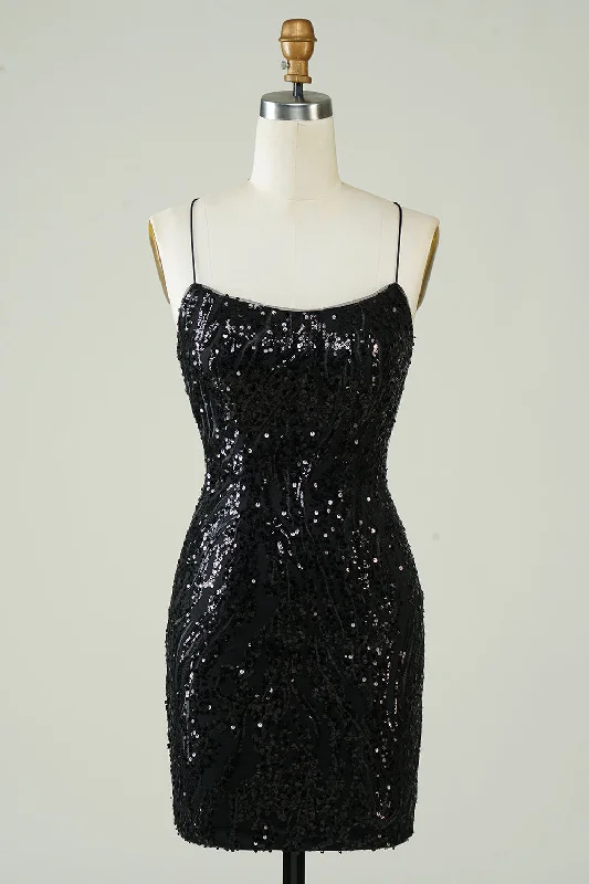 Animal Print Dresses for Fun -Black Sequins Spaghetti Straps Tight Homecoming Dress