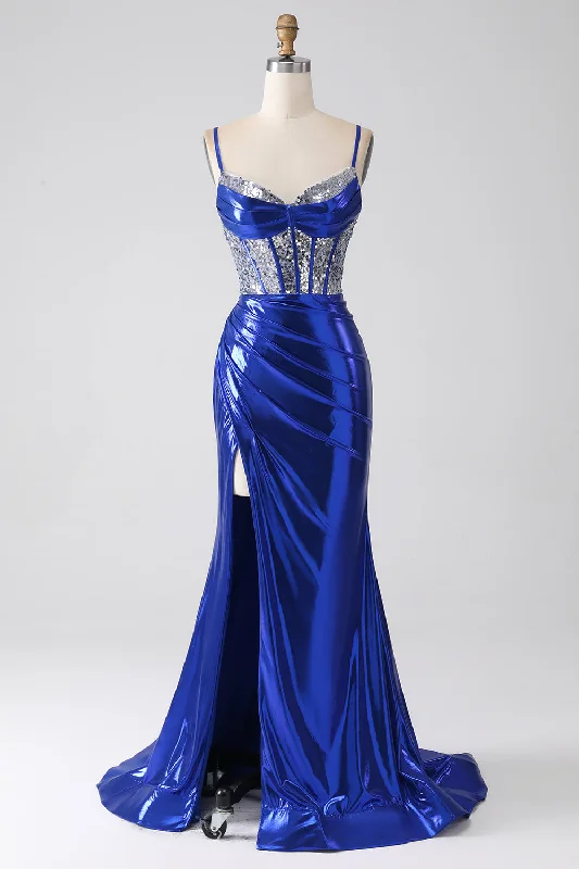 Party Dress for Garden Party -Royal Blue Mermaid Sparkly Sequin Pleated Corset Prom Dress With Slit