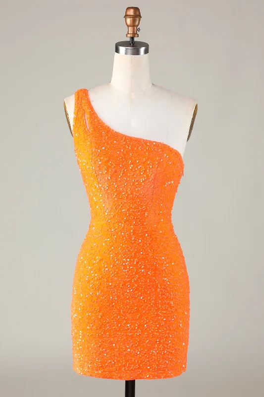 Buttoned Dresses for Stylish -Sequins One-Shoulder Orange Tight Beading Short Homecoming Dress