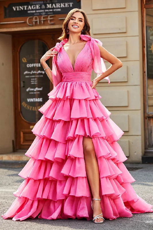 Backless Party Dress for Alluring Look -Princess A-Line V-Neck Fuchsia Tiered Prom Dress With Slit